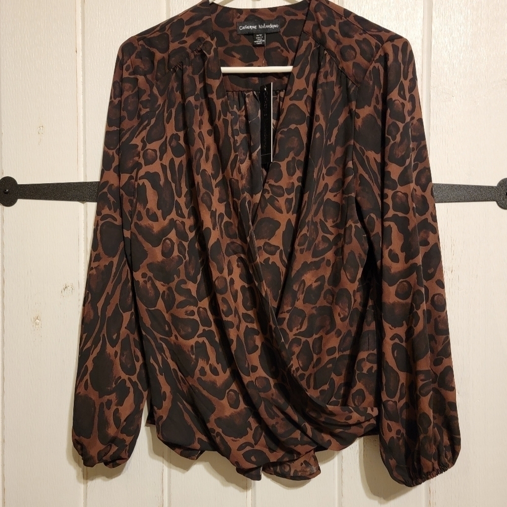 Catherine Malandrino Blouse Brown Wrap Long Sleeve Size Medium